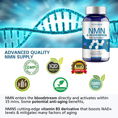 VIVALIFER NMN+NİACİNAMİDE+TMG+Resveratrol Anti-Aging & Antioxidant AGE 1500MG Nicotinamide 120 Caps