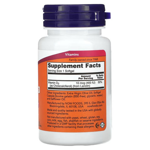 NOW Foods, Vitamin D3, 400 IU, 180 Softgels