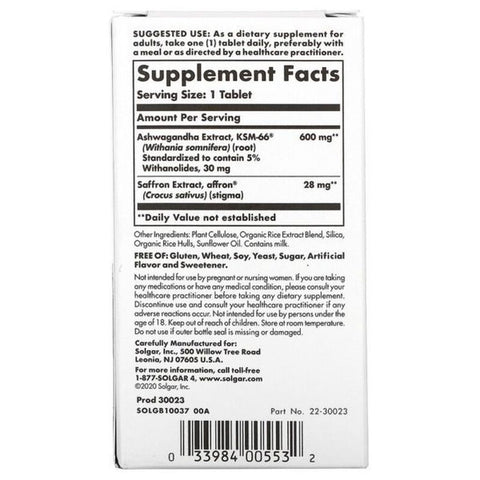 Solgar Stress and Anxiety Relief KSM66 Ashwagandha+Saffron(Safran) 30 Tablets