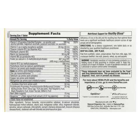 Natures Plus Hema-Plex Iron (B12 +B6 + Niacin + Demir + Zinc)- 30 Slow-Release Tablet