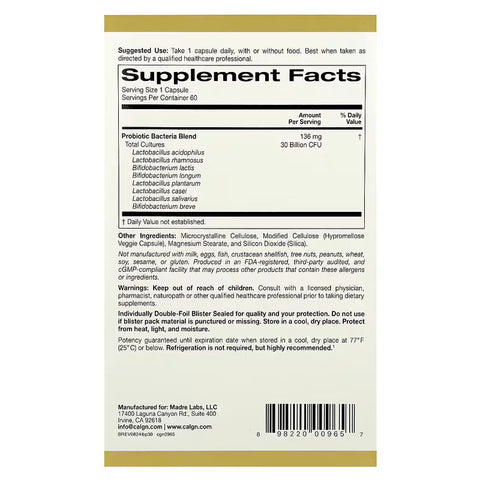 California Gold LactoBif 5 Probiotics wit 5 Lactobacilli 3 Bifidobacteria, 30 Billion CFU, 60 Vegan