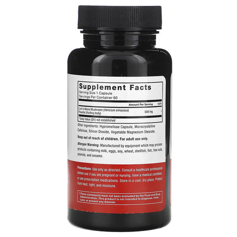 Force Factor Lion's Mane, 500 mg(Aslan yelesi mantarı)60 Vegetable Vegan Caps