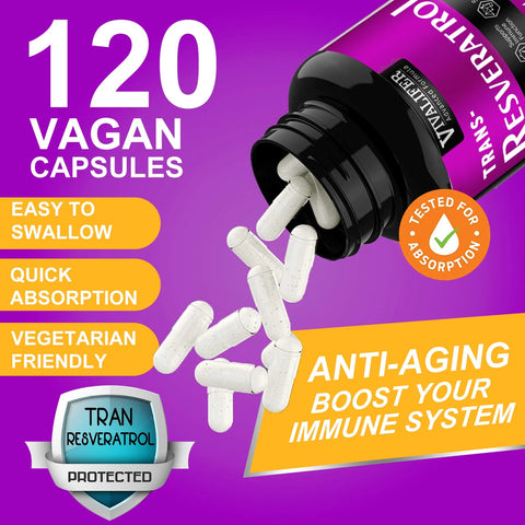 VIVALIFER Resveratrol+Vitamin C Anti-Aging Immune, Cardiovascular Joint 500mg+120mg 120 Caps