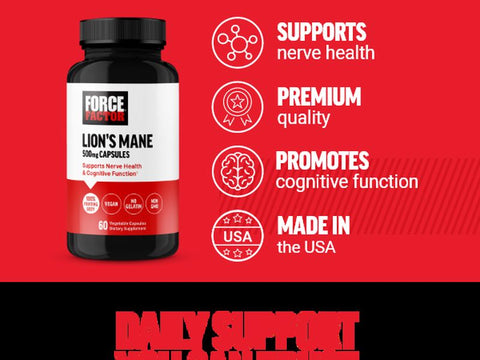 Force Factor Lion's Mane, 500 mg(Aslan yelesi mantarı)60 Vegetable Vegan Caps