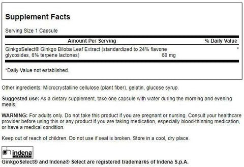 Swanson Ginkgo Biloba Brain and Nervous System Health 60MG 120 Caps