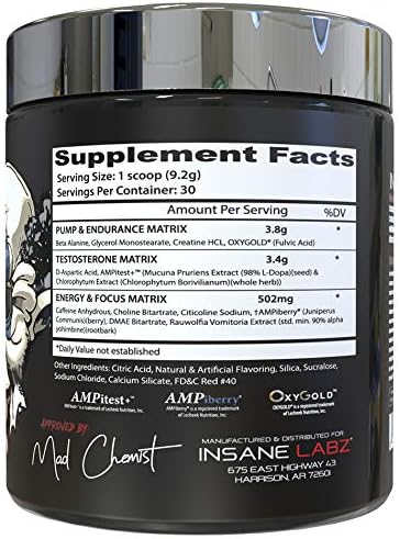 Insane Labz Psychotic Test, High Stim Testosterone Energy & Pump Boosting Pre-Workout Powder