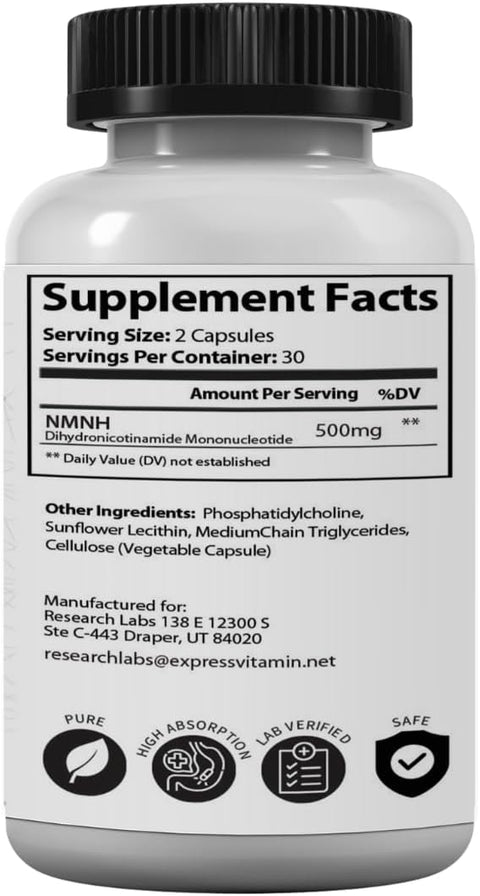 Research Labs Liposomal NMNH (NMN Supplement Alternative) (Dihydronicotinamide Mononucleotide) NAD Supplement to Boost NAD+ Levels for Anti Aging
