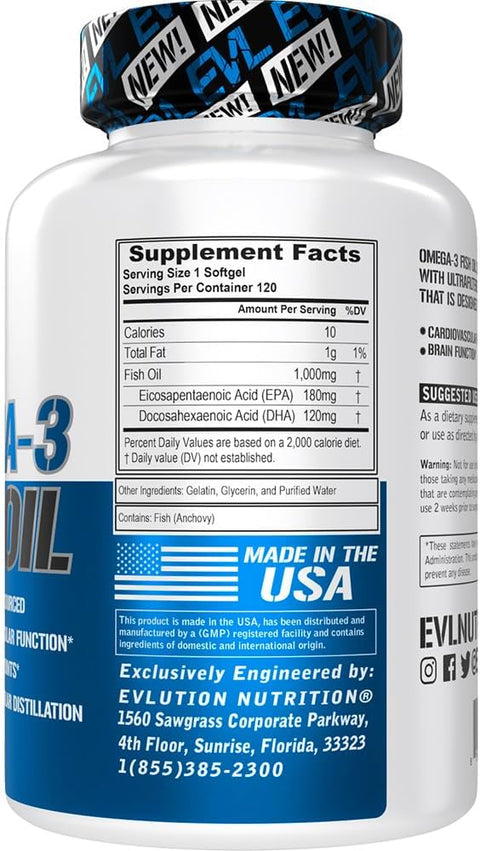 Evlution Nutrition Triple Strength Omega 3 Fish Oil 120 Softgels