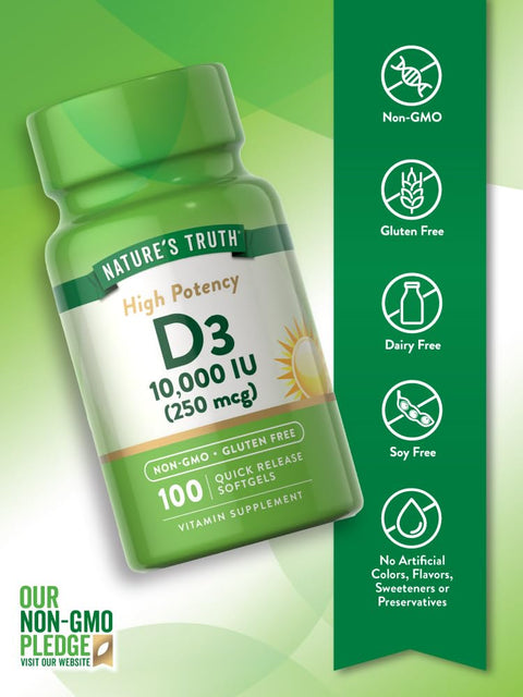 Natures Truth, Vitamin D3 High Potency, 250 mcg (10,000 IU), 100 Quick Release Softgels