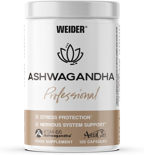 Weider Ashwagandha Professional (120 capsules). Ashwaghandha KSM-66 enriched with AstraGin to improve absorption, Magnesium, Vitamine C. For the normal functioning of the Nervous System. (60 servings)