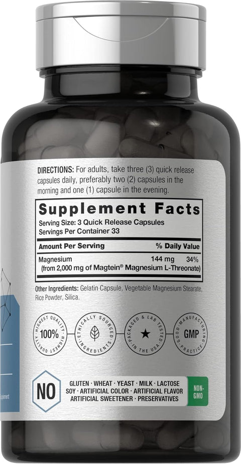 Horbaach Magtein Magnesium(Magnezyum) L-Threonate Treonat 2000mg 100 Caps Men Women Gluten Free