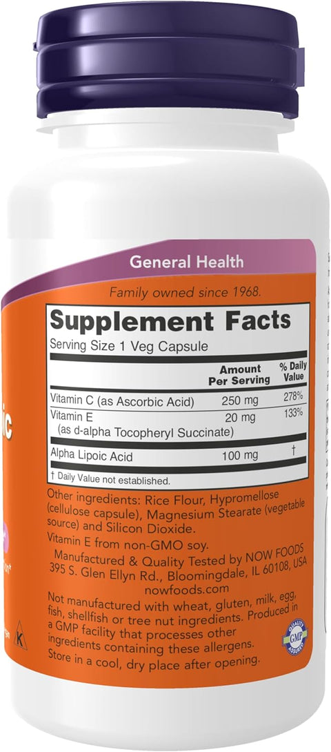NOW Foods Supplements, Alpha Lipoic Acid 100 mg with Vitamins C & E, Free Radical Scavenger*, 60 Veg Caps