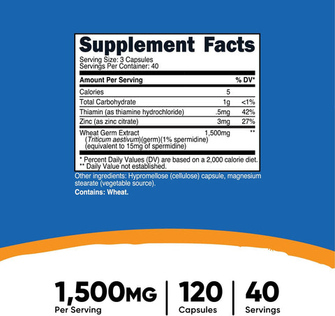 Nutricost Spermidine Wheat Germ Extract Zinc+Thiamine 1500mg 120 Capsules - 15mg Equivalent Spermidine anti aging brain health