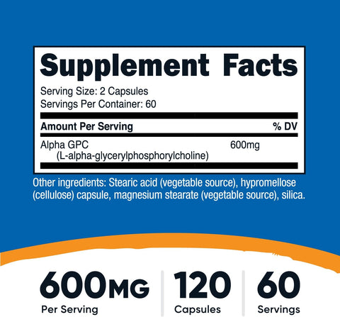 Nutricost Alpha GPC 600mg, 120 Vegetarian Capsules - Non-GMO and Gluten Free, 300mg Per Capsule