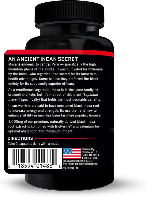 Force Factor Black Maca Root Vitality for Men 1000mg, 60 Capsules