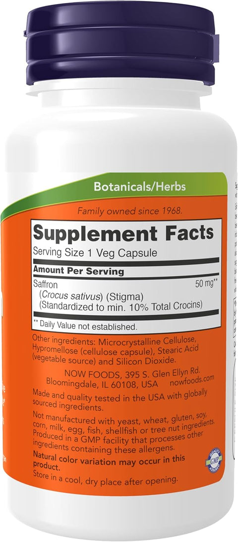NOW Foods Saffron Whole Herb 50 mg with 10% Crocins, 60 Veg Caps