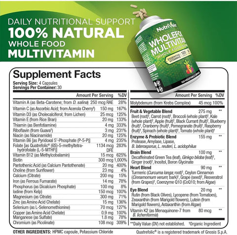 Nutrivein Whole Food Multivitamin Men & Women (Folate+Niacin+Biotin+Molybdenum 120 Caps