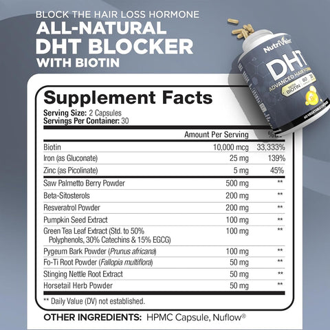 Nutrivein DHT Blocker with Biotin Hair Supplement Saw palmetto+Resveratrol 60 Caps