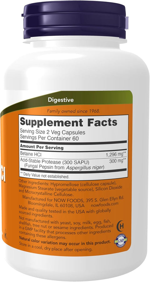NOW Foods Betaine HCl 648 mg Vegetarian Formula Digestive Support 120 Veg Capsules