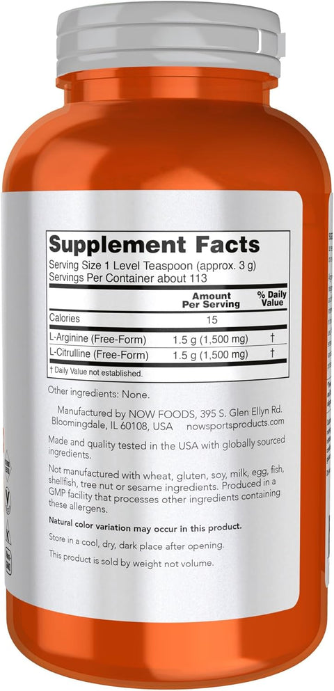 NOW Foods Sports Arginine(Arjinin)&Citrulline Amino Acids Powder 340 g