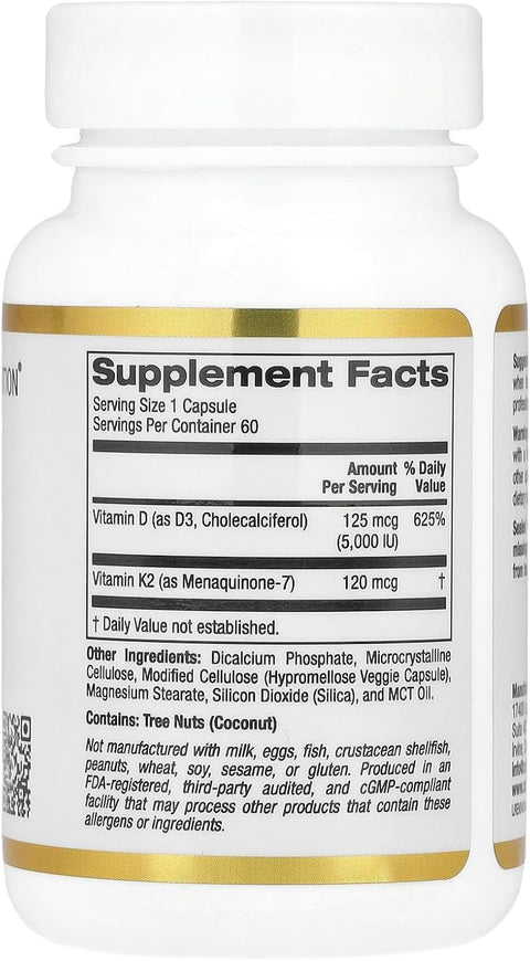 California Gold Nutrition Vitamin D3 + K2, 5000 IU 60 Veggie Capsules