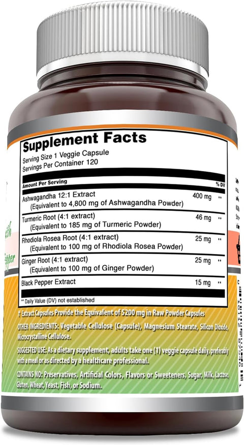 Amazing Formulas Ashwagandha Turmeric, Ginger, Rhodioa, & Black Pepper 5200 Mg Per Serving 120 Veggie Caps