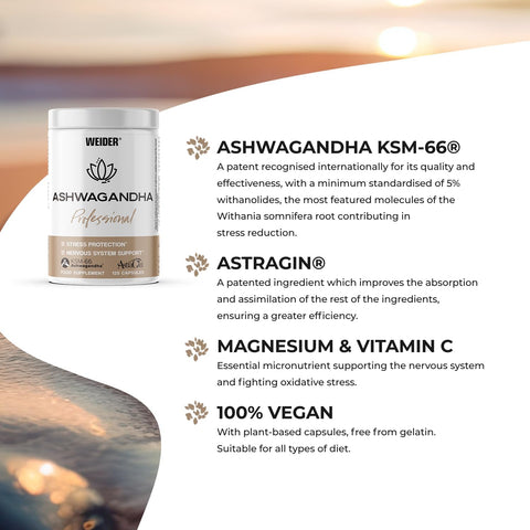 Weider Ashwagandha Professional (120 capsules). Ashwaghandha KSM-66 enriched with AstraGin to improve absorption, Magnesium, Vitamine C. For the normal functioning of the Nervous System. (60 servings)