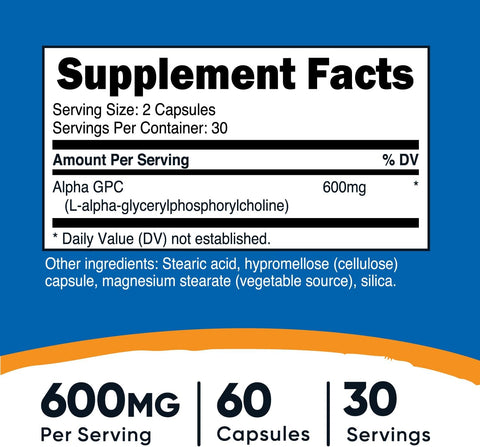 Nutricost Alpha GPC 600mg, 60 Vegetarian Capsules - Non-GMO and Gluten Free, 300mg Per Capsule