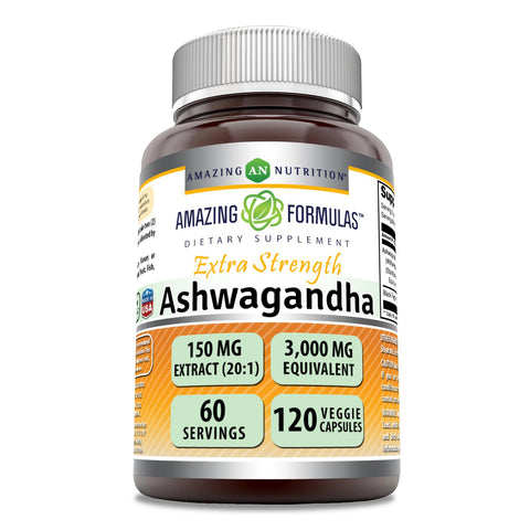 Amazing Formulas Ashwagandha Hint Ginseng Extract Supplement | 3000 Mg Per Serving | 120 Veggie Caps