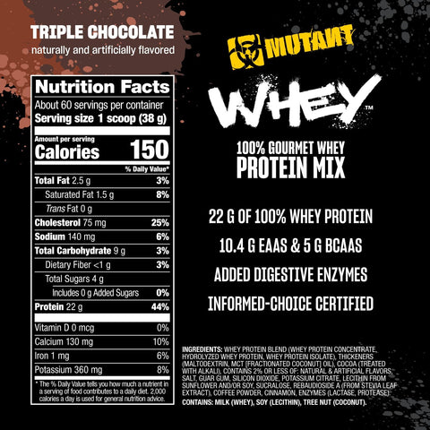 Mutant Whey – 100% Whey Protein Powder Shake, Gourmet Taste, 22g of Protein, Fast Absorbing, Easy Digesting, 5lbs - Triple Chocolate