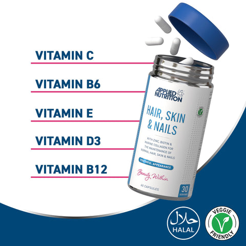 Applied Nutrition Hair, Skin & Nails, (BİOTİN+B12+MAGNESİUM OXİDE+GRAPE+COLLAGEN+FOLİC ACİD 60 Caps