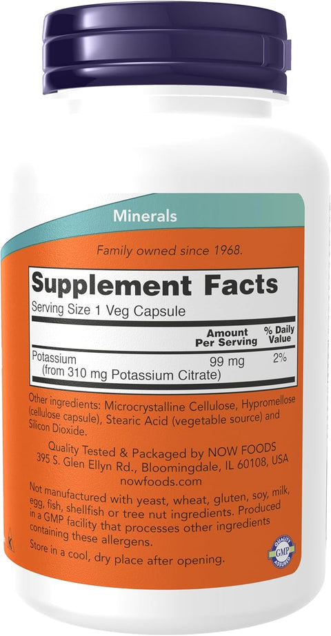 NOW Potassium Potasyum Citrate Electrolyte Balance and Normal pH Essential Mineral 180 veg Caps