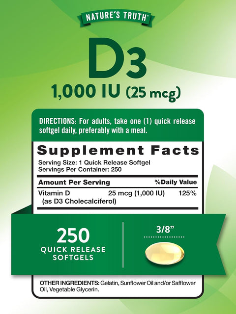 Nature's Truth, High Potency Vitamin D3, 25 mcg (1000 IU), 250 Quick Softgels