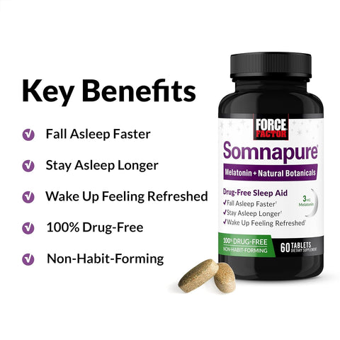 Force Factor Somnapure Drug-Free Sleep Aid Sleeplessness with Melatonin & Valerian & Theanine Fall Asleep 60 Tablet