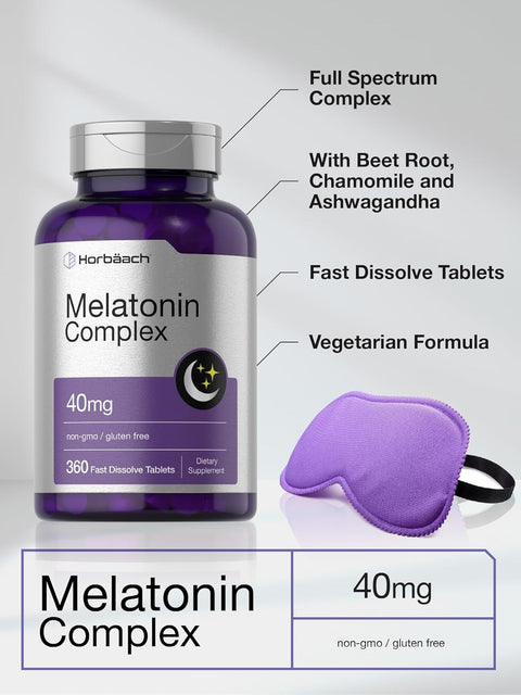 Horbaach Melatonin 40mg Complex | 360 Fast Dissolve Tablets | Adult Extra Strength Supplement | with Chamomile and Ashwagandha | Vegetarian, Non-GMO, Gluten Free