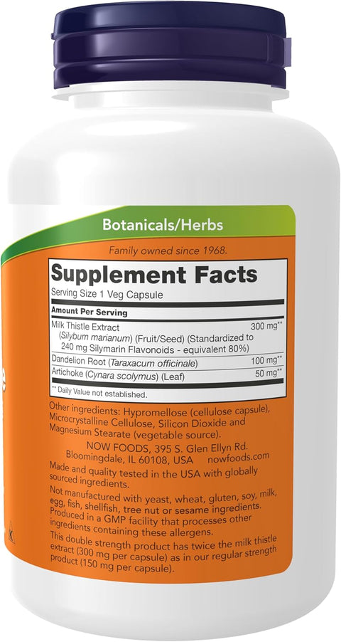 NOW Foods Supplements, Silymarin Milk Thistle Extract 300 mg with Artichoke and Dandelion, Double Strength, Supports Liver Function*, 200 Veg Caps