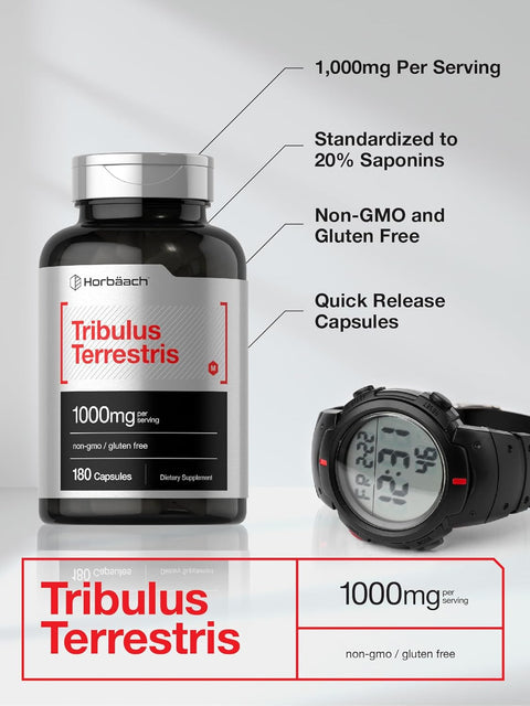 Horbaach Tribulus Terrestris for Men | 1000mg | 180 Capsules | Extract Supplement | Non-GMO and Gluten Free
