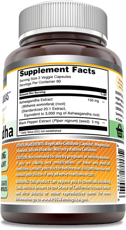 Amazing Formulas Ashwagandha Hint Ginseng Extract Supplement | 3000 Mg Per Serving | 120 Veggie Caps