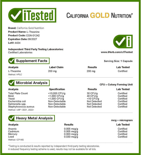 California Gold Nutrition L-Theanine Featuring AlphaWave, 200 mg, 60 Veggie Caps