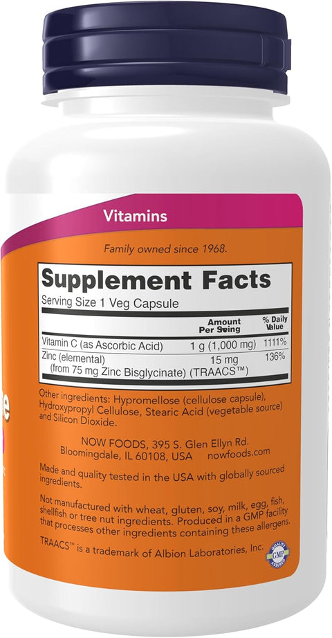 NOW Foods Supplements C-1000 Vitamin & Zinc Immune Support Antioxidant Protection 90 Veg Caps