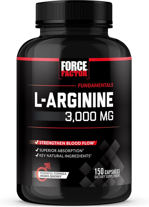 FORCE FACTOR L-Arginine Nitric Oxide BioPerine Help Build Muscle and Support Stronger Blood Flow, Circulation, Nutrient Delivery, and Pumps, L-Arginine 3000mg, 3g, 150 Capsules