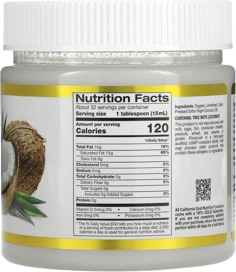 California Gold Nutrition Superfoods Cold Pressed Organic Virgin Hindistan Cevizi Yağı Coconut Oil 473 ml