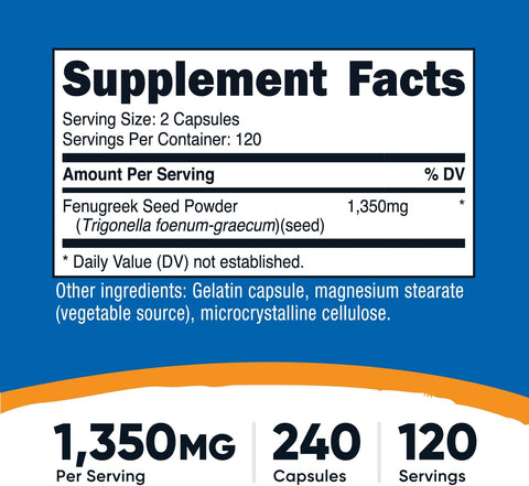 Nutricost Fenugreek Çemen tozu Seed 1350mg 240 Capsules - Gluten Free, Non-GMO