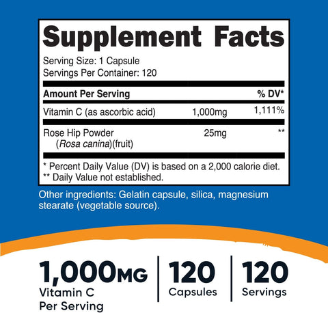 Nutricost Vitamin C with Rose HIPS 1025mg, 120 Capsules - Vitamin C 1000mg, Rose HIPS 25mg, Premium, Non-GMO, Gluten Free