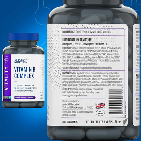 Applied Nutrition Vitamin B Complex B1, B2, B3, B5, B6, B12, Biotin&Folic Acid Immune 90 Caps