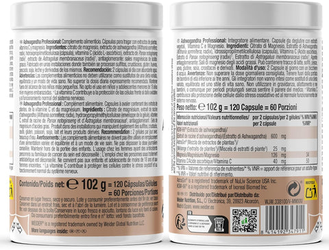 Weider Ashwagandha Professional (120 capsules). Ashwaghandha KSM-66 enriched with AstraGin to improve absorption, Magnesium, Vitamine C. For the normal functioning of the Nervous System. (60 servings)