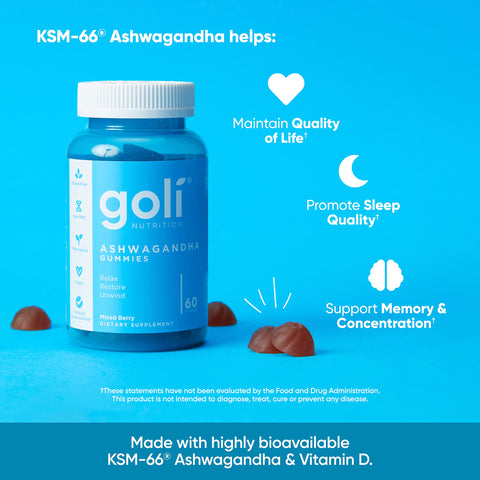 Goli Ashwagandha Vitamin D Relax KSM66 Vegan Non-GMO, Gluten-Free Gelatin Free 60 Gum