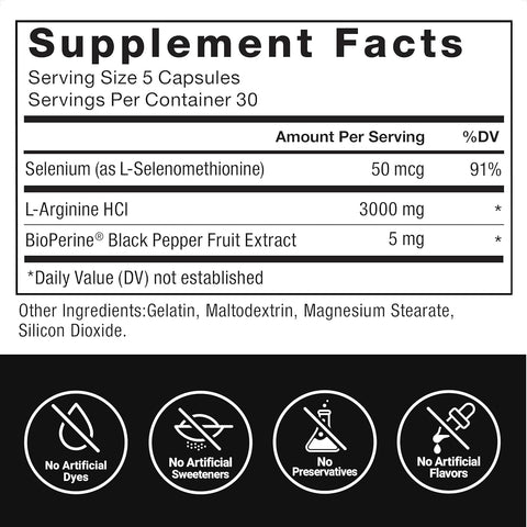 FORCE FACTOR L-Arginine Nitric Oxide BioPerine Help Build Muscle and Support Stronger Blood Flow, Circulation, Nutrient Delivery, and Pumps, L-Arginine 3000mg, 3g, 150 Capsules