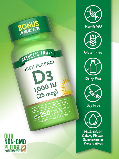 Nature's Truth, High Potency Vitamin D3, 25 mcg (1000 IU), 250 Quick Softgels
