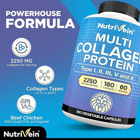 Nutrivein Premium Multi Collagen 2250 mg - 180 Women and Men -Aging,Joints,Hair,Skin,Bones,Nails